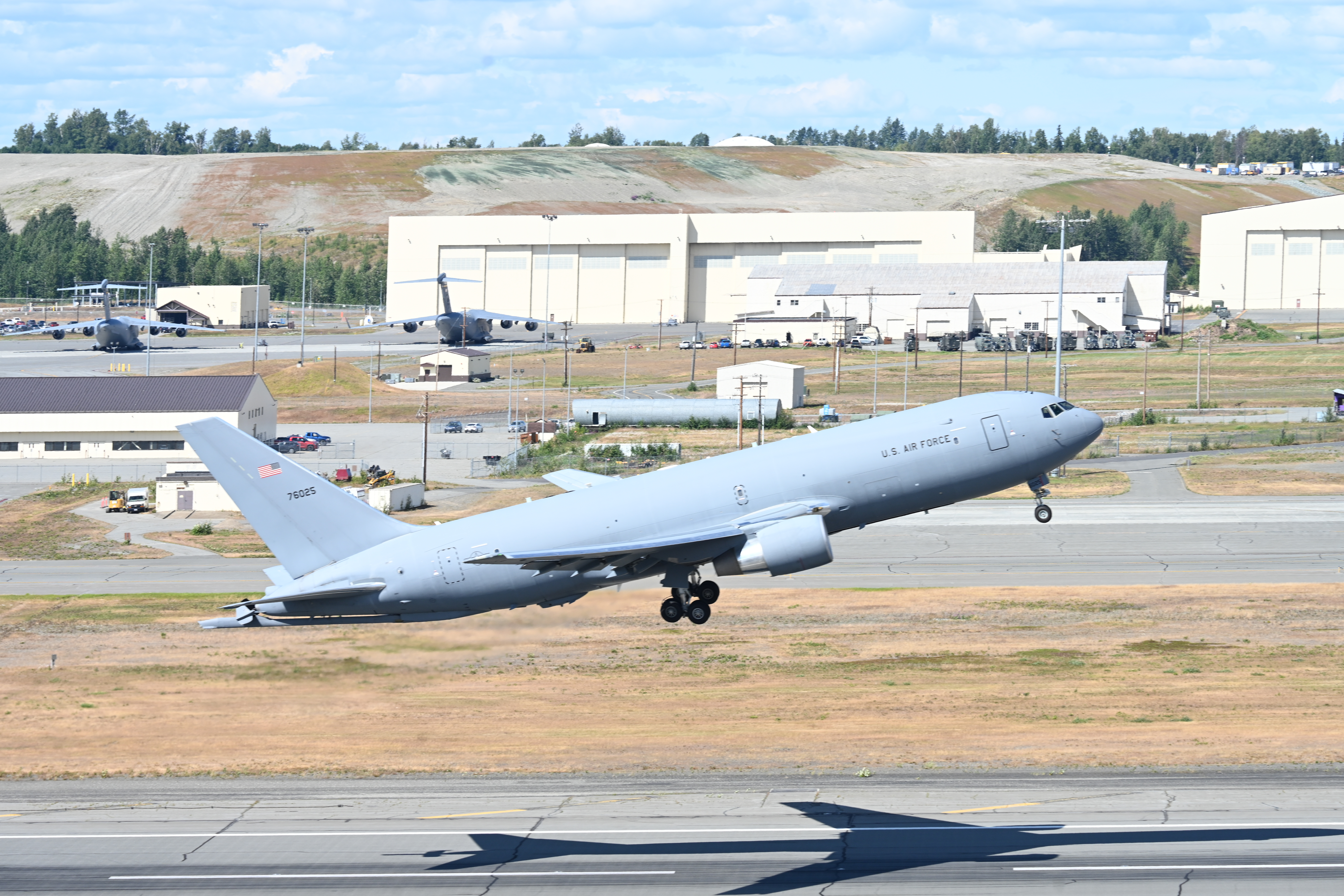A U.S. Air Force KC-46 Pegasus takes off from Joint Base Elmendorf-Richardson, Alaska, July 22, 2025