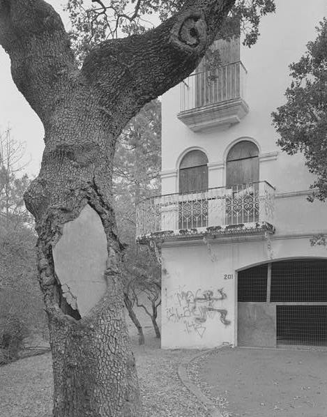 OLD OAK, AND BALCONY IRONWORK AT NORTHWEST CORNER