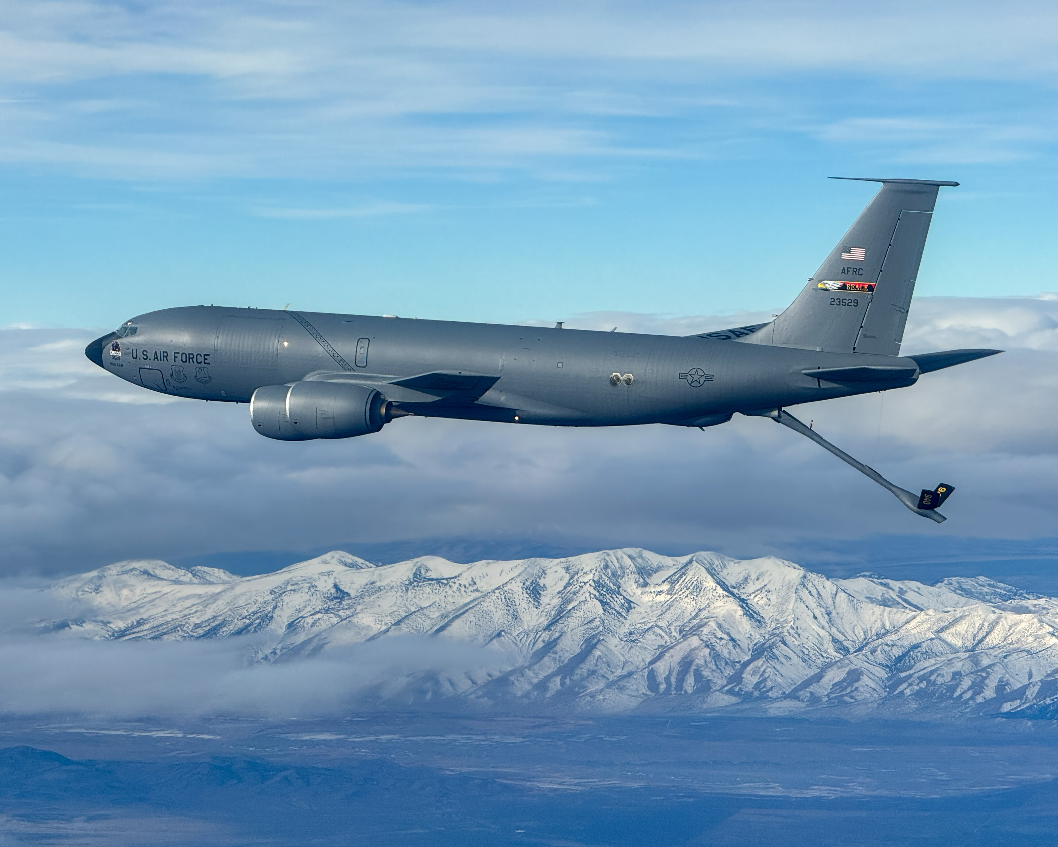 A KC-135 Stratotanker from Beale Air Force Base provides fuel to F-16 Fighting Falcons from Edwards AFB during an early morning test mission Nov. 21, 2024. 