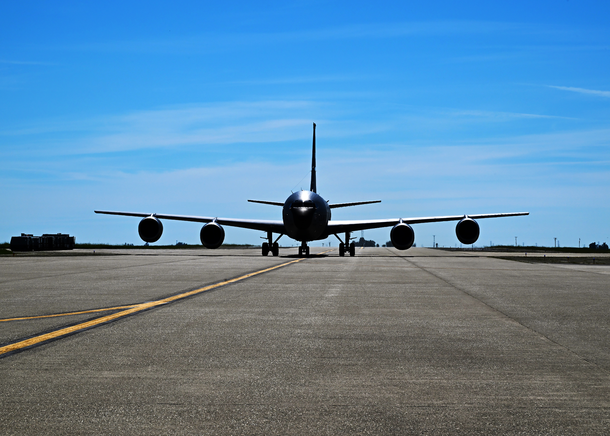 A U.S. Air Force KC-135 Stratotanker assigned to the 940th Air Refueling Wing taxis in after landing on the flightline at Beale Air Force Base on March 25, 2025