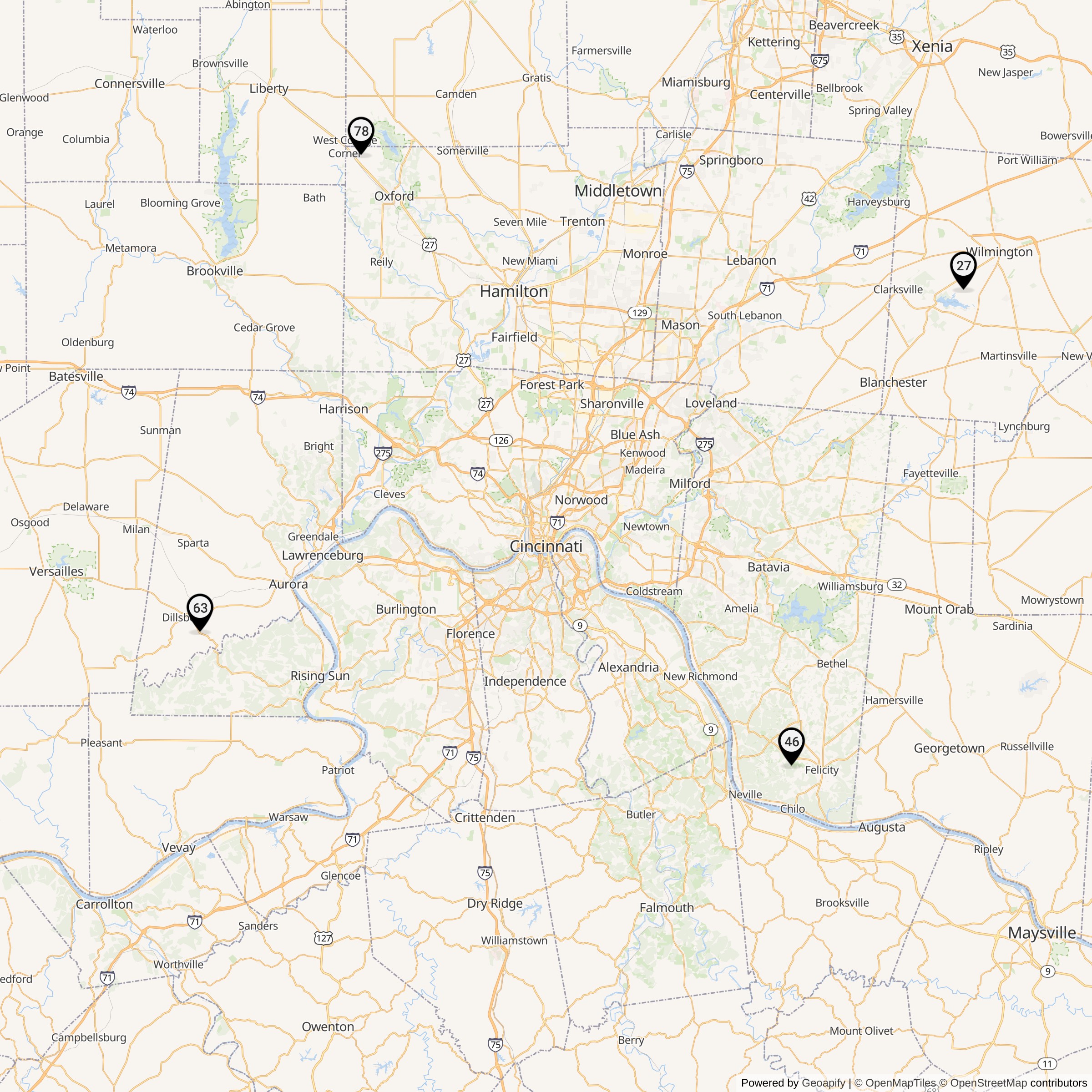 Historical map of Cincinnati - Dayton Defense Area Nike launcher locations