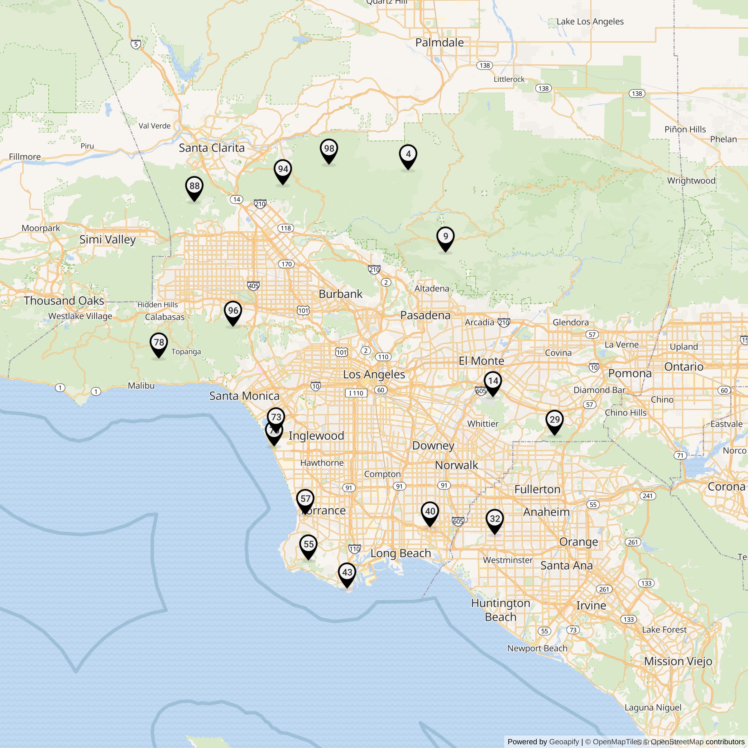 Historical map of Los Angeles Defense Area Nike launcher locations