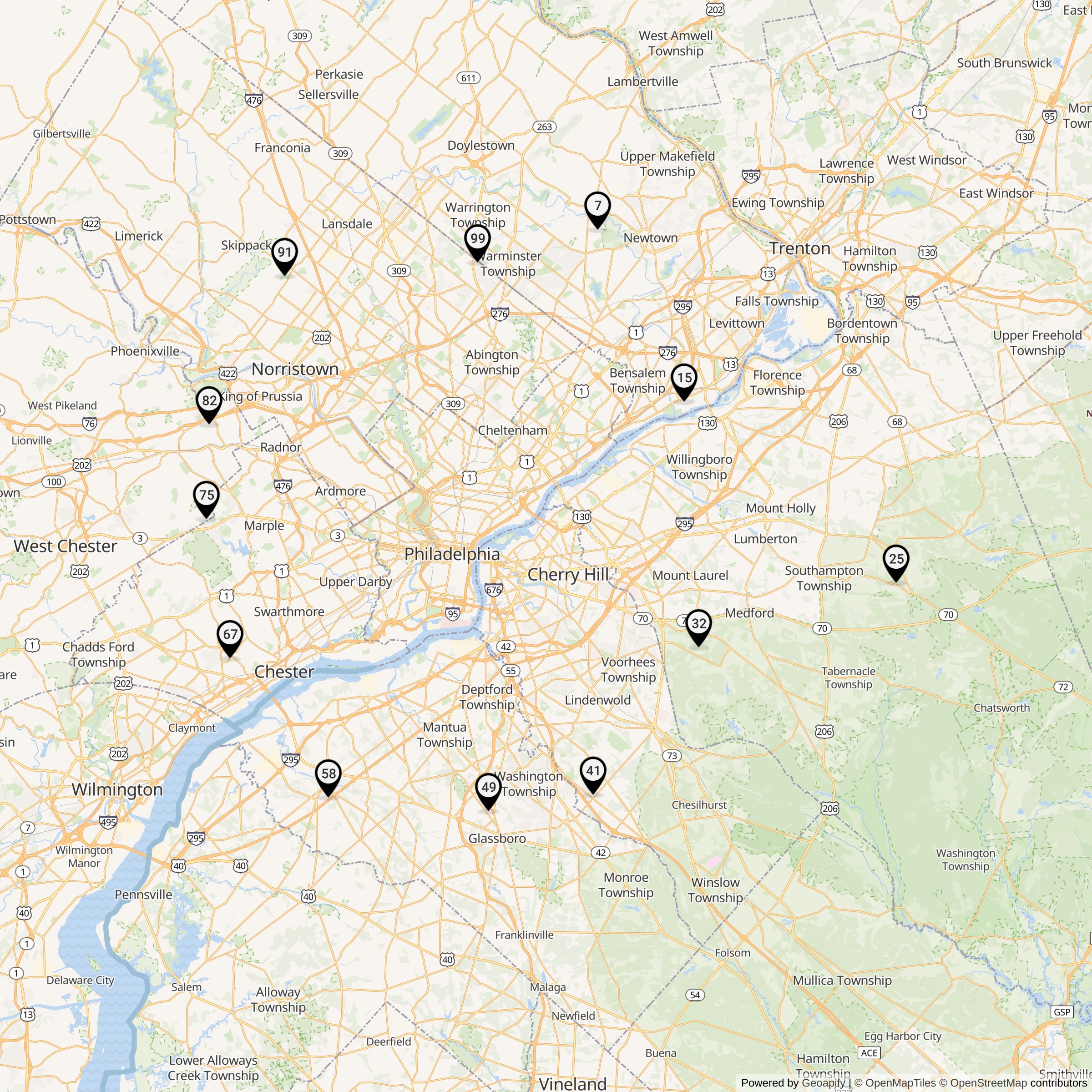 Historical map of Philadelphia Defense Area Nike launcher locations