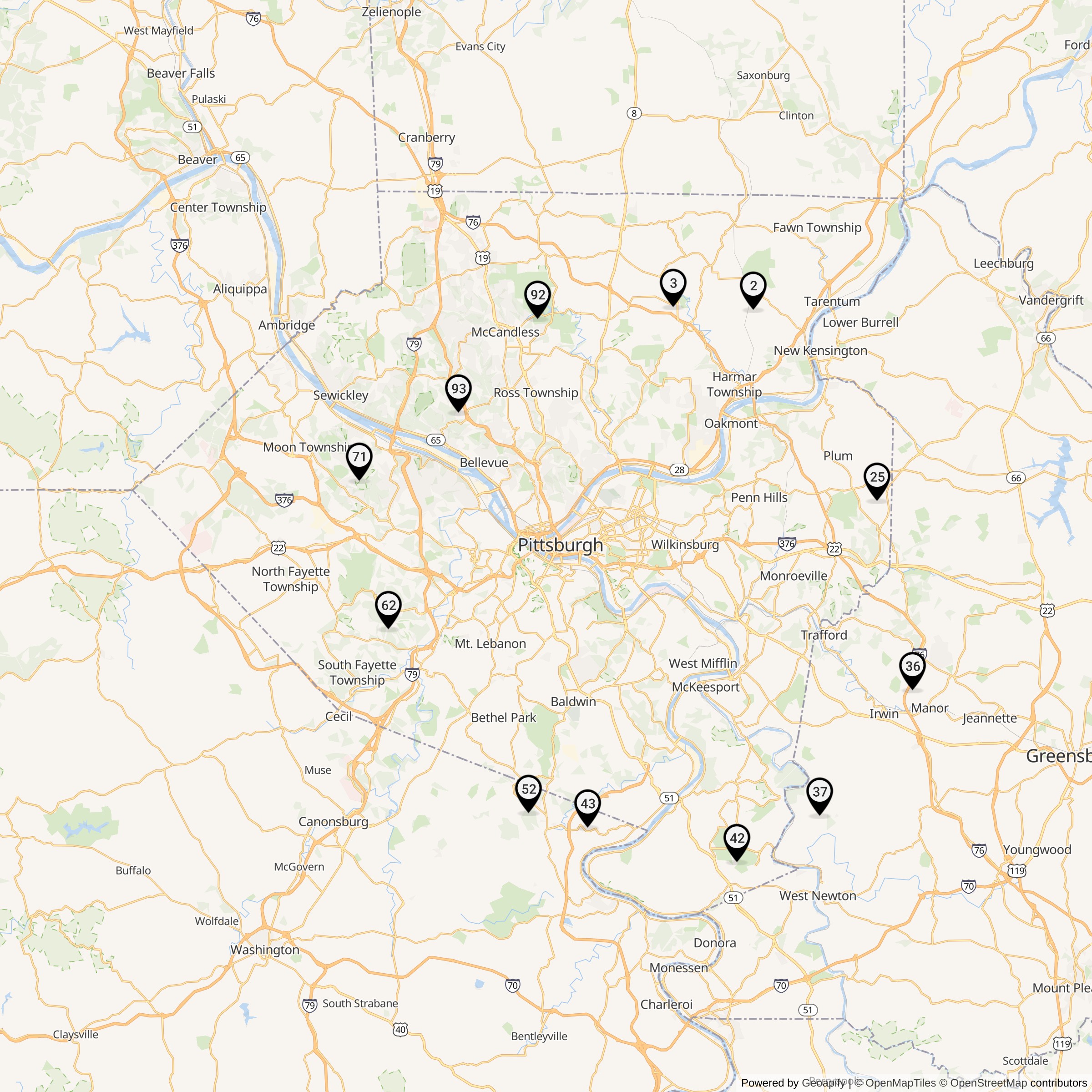 Historical map of Pittsburgh Defense Area Nike launcher locations