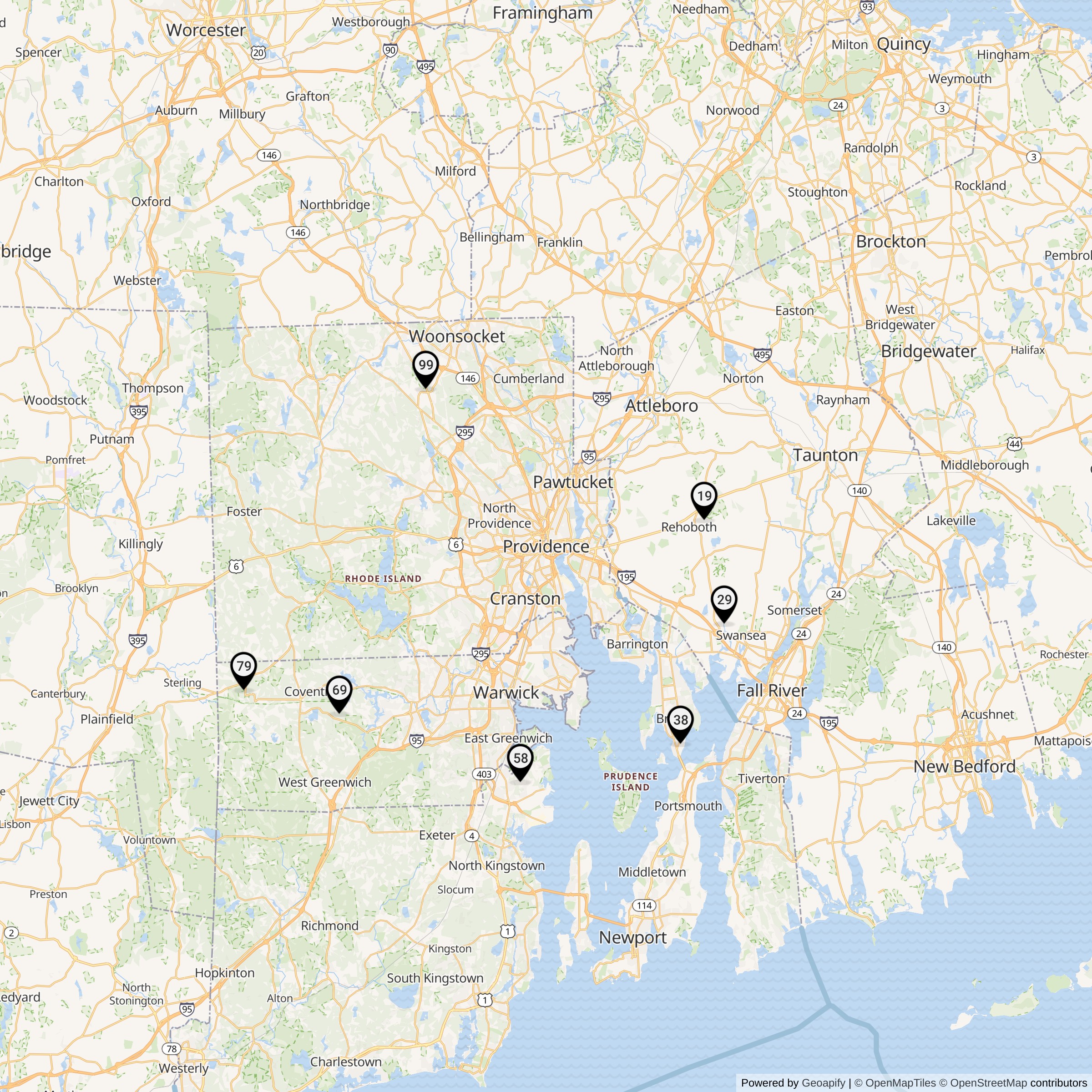 Historical map of Providence Defense Area Nike launcher locations