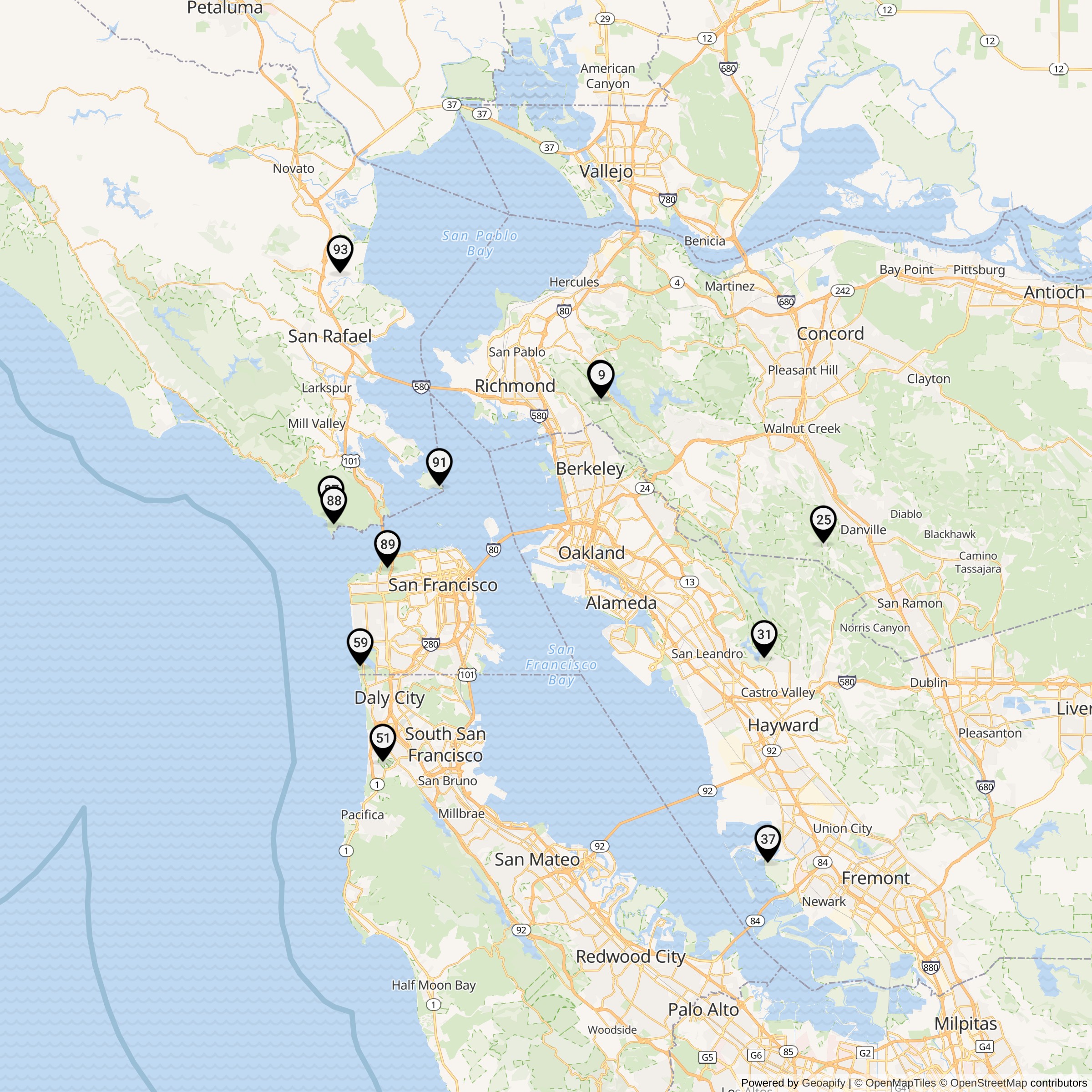 Historical map of San Francisco Defense Area Nike launcher locations