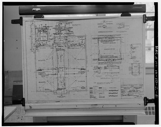 Photocopy, Architectural floor plan and detail drawing of underground storage magazines and launcher-loader assemblies