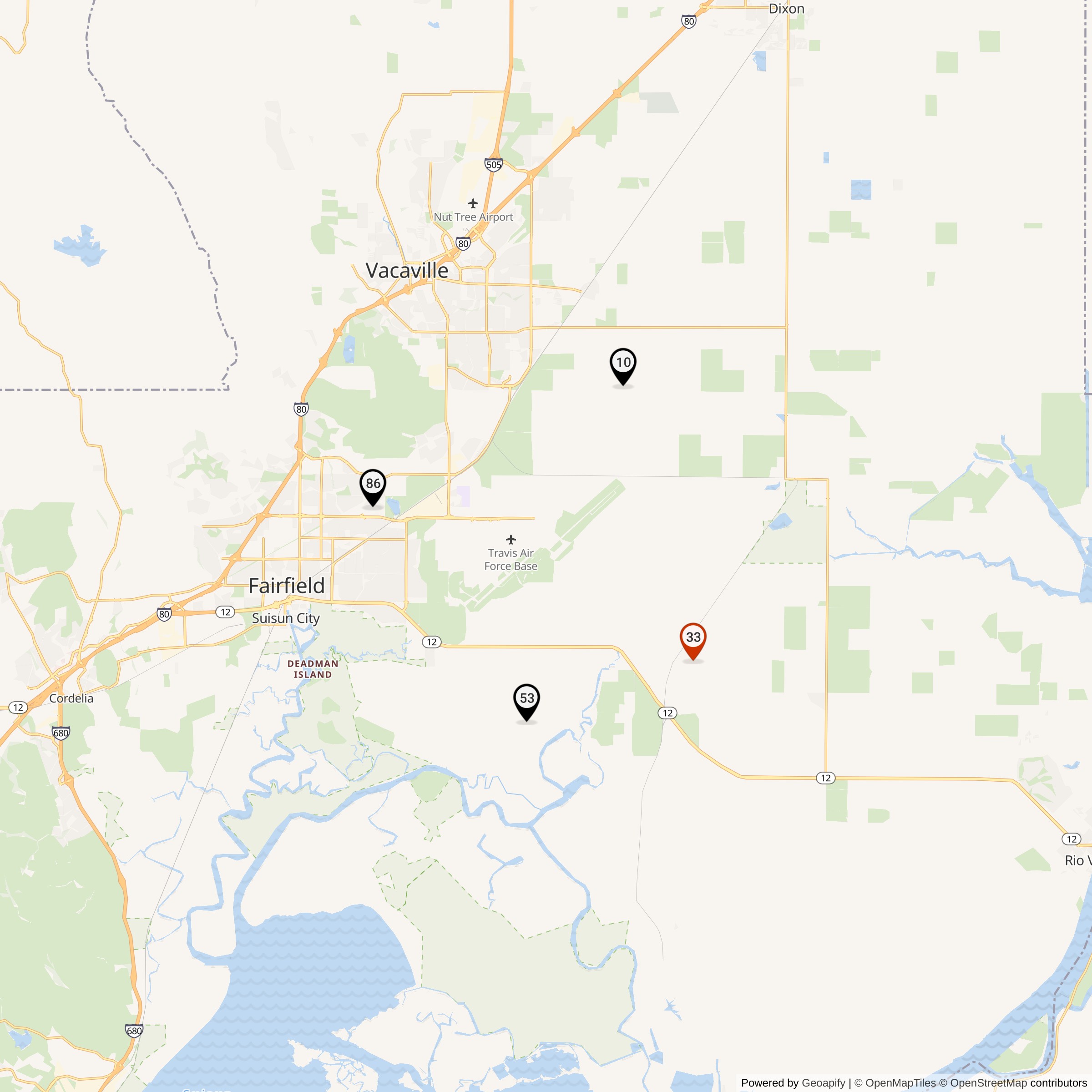 Historical map of Travis AFB Defense Area Nike site locations