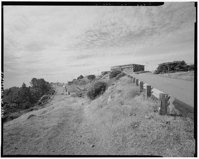 Mill Valley Early Warning Radar Station EXTERIOR CONTEXT VIEW OF THE RESIDENCES ON THE LEFT AND THE BACHELOR AIRMEN QUARTERS ON THE RIGHT, LOOKING WEST-SOUTHWEST.
